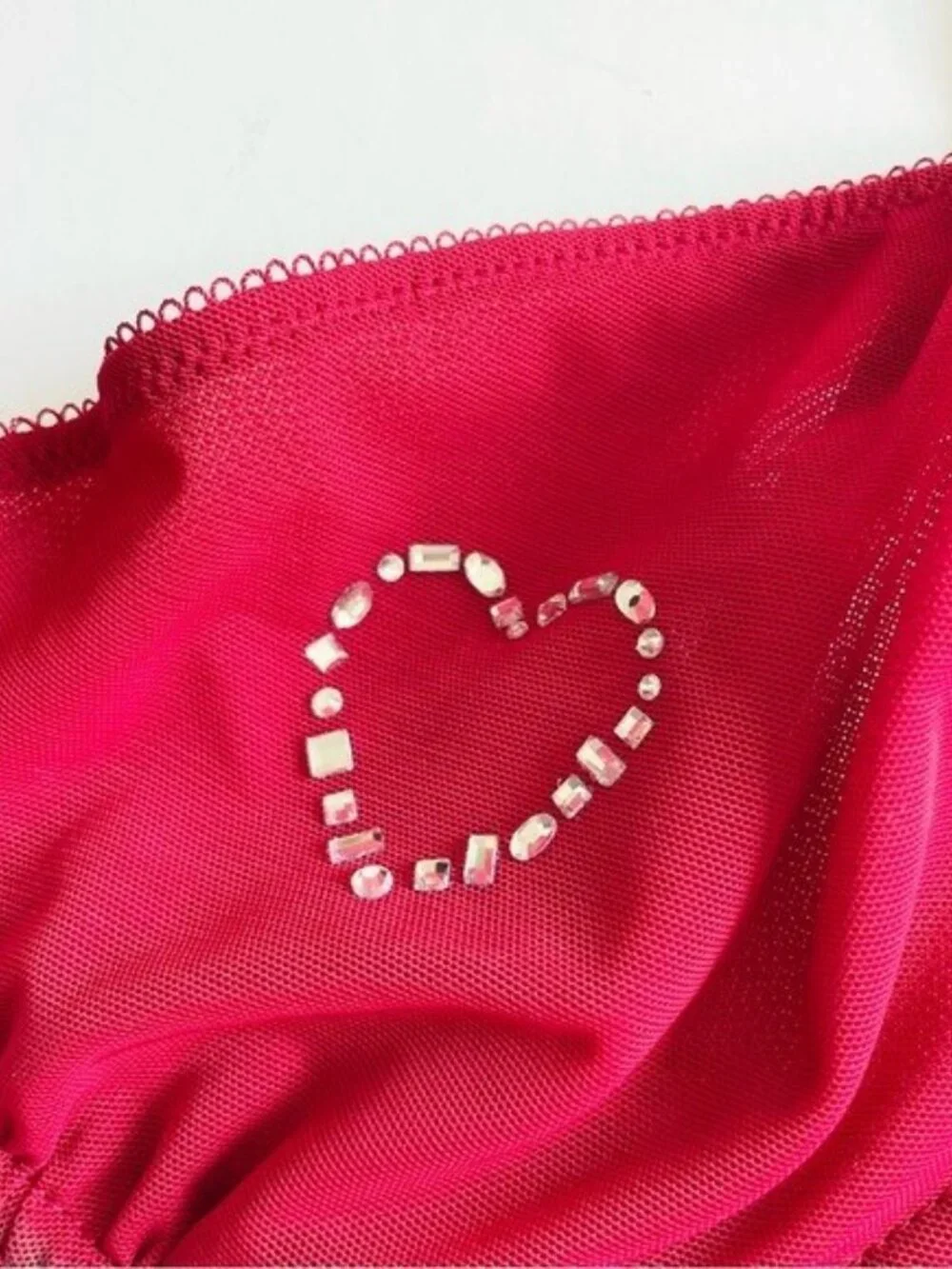 34C MEDIUM Victoria’s Secret ruby red heart bling demi bra set thong panties